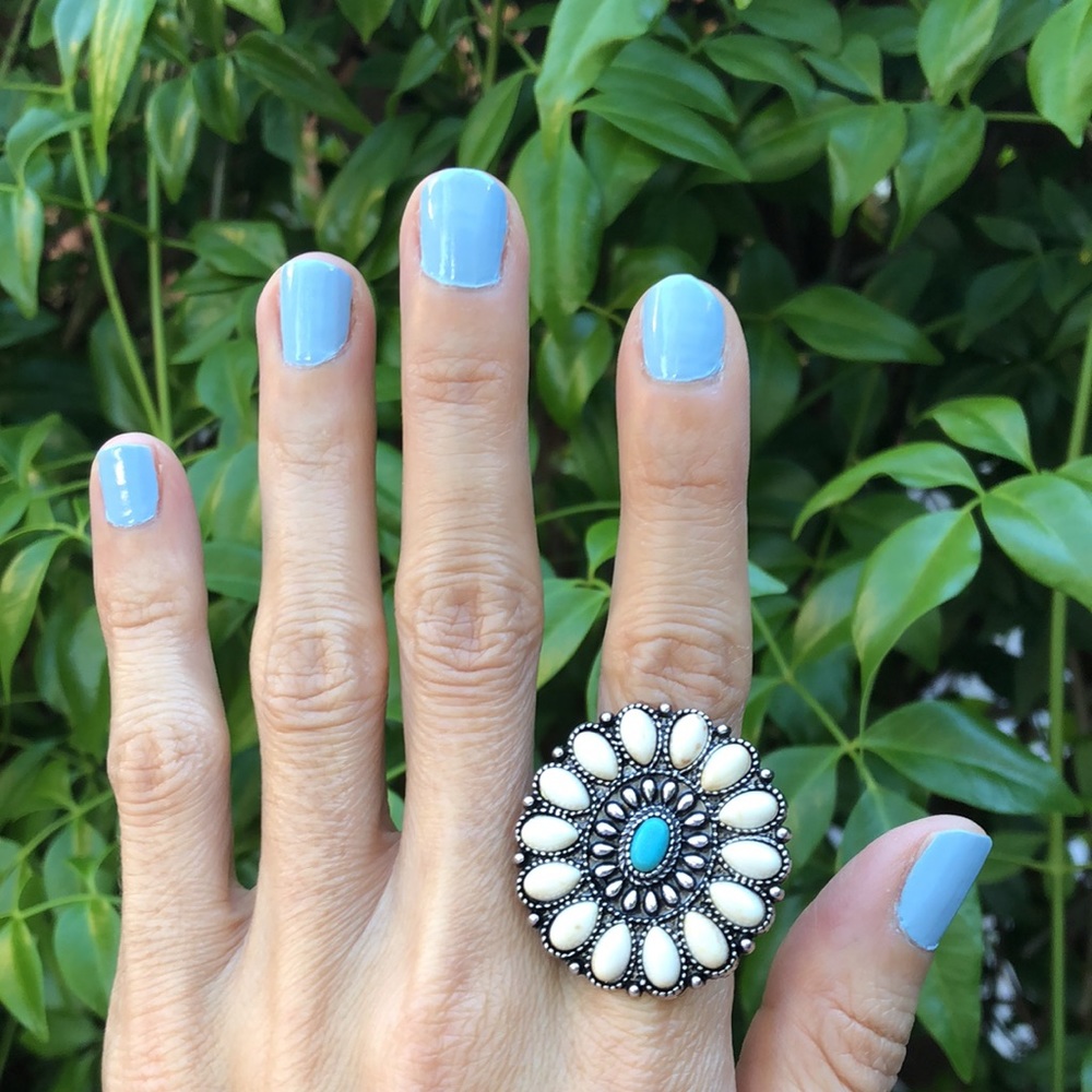 Cream + Turquoise Boho Flower Statement Ring - image 1